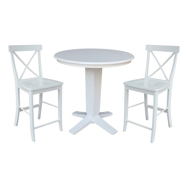 International Concepts 36 in. Solid Wood Round Top Pedestal Dining Table with 2 Counter Height Stools in White K08-36RT-23B-S6132-2 - main
